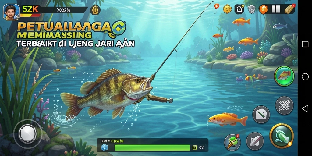 Screenshot 5ZK menampilkan pemain yang sedang memancing di danau indah.