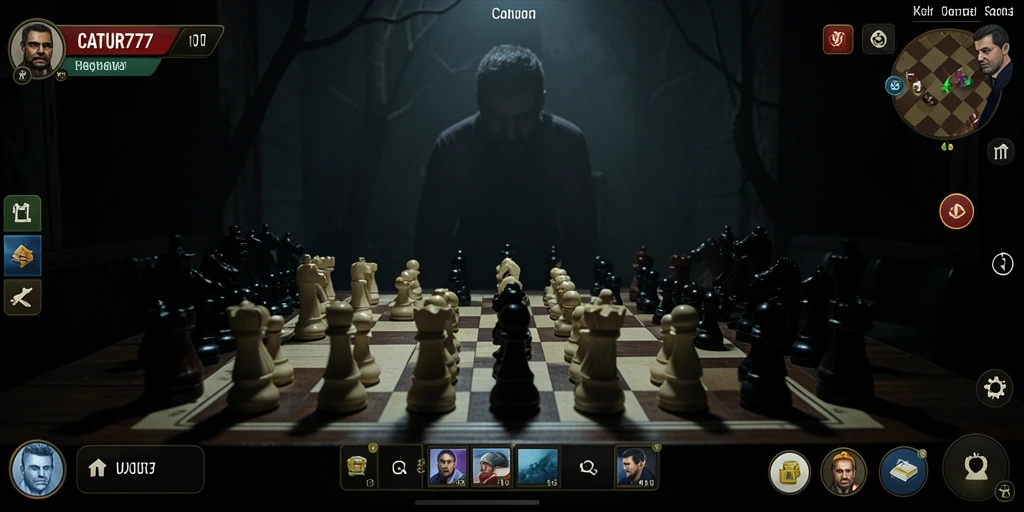 Screenshot menunjukkan ketegangan saat menghadapi karakter hantu di papan catur.