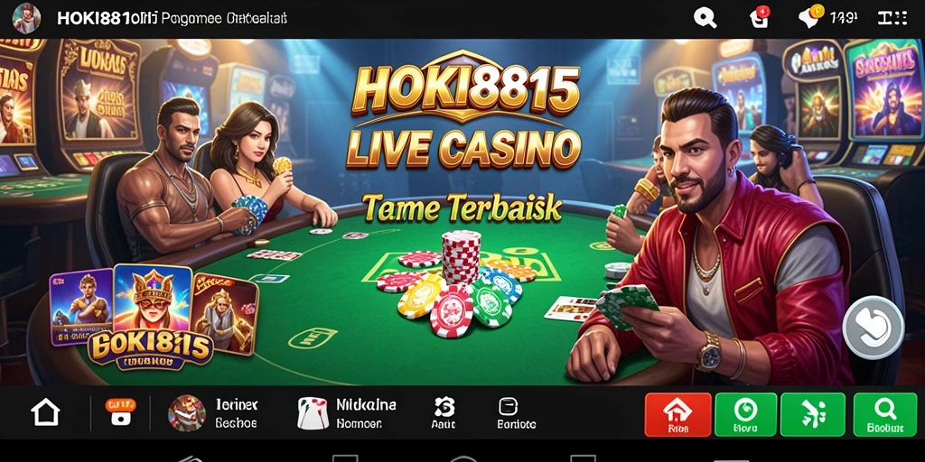 Screenshot permainan HOKI8815 menampilkan suasana casino dengan dealer langsung yang profesional.