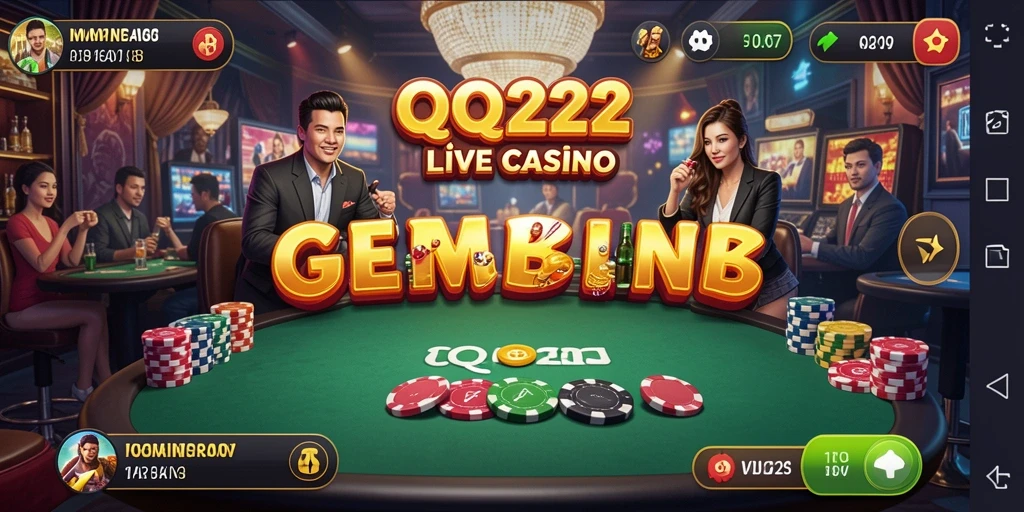 Screenshot permainan Live Casino QQ222 menampilkan dealer cantik dan suasana yang mendebarkan.
