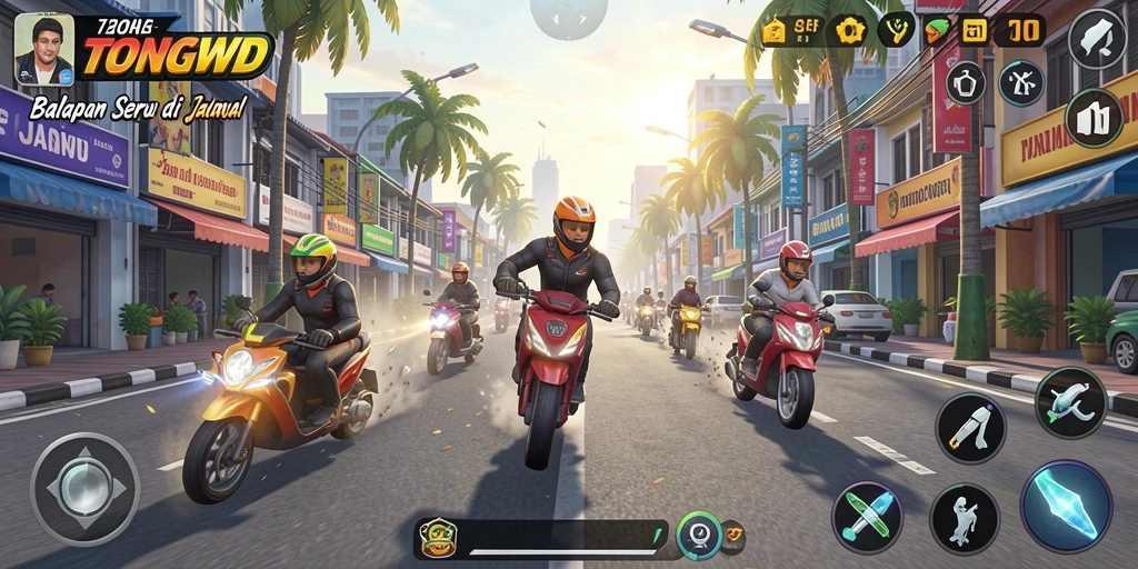 Screenshot gameplay TONGWD menampilkan aksi balapan yang mendebarkan.