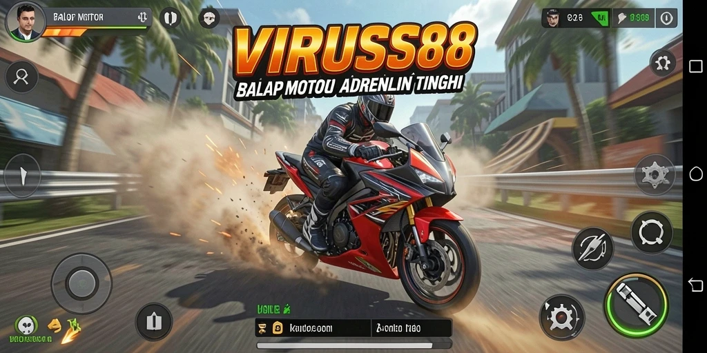 Screenshot gameplay VIRUS88 menampilkan balapan motor yang mendebarkan.